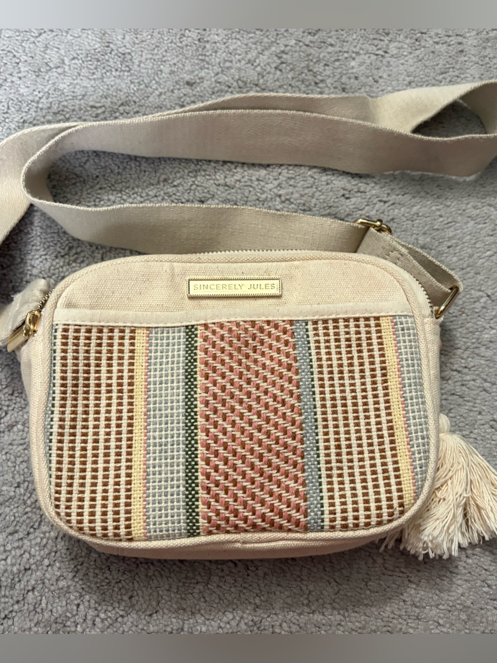 Sincerly Jules Cream Woven Stripe Crossbody Bag